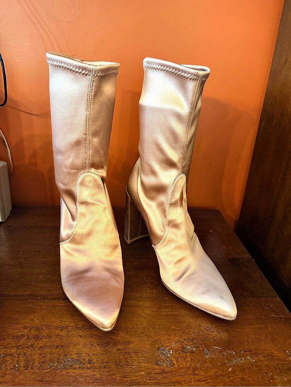 Stuart Weitzman Satin Pointed-Toe Heeled Boots in Pink